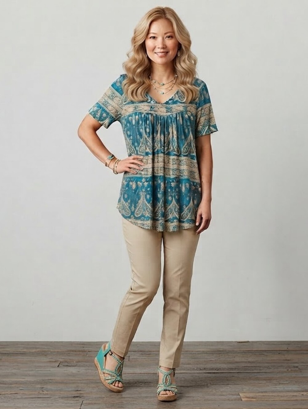 Laolasi Teal & Beige Paisley V-Neck Bohemian Tunic Top XL - NWOT